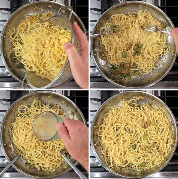 stirring in pasta and pasta water