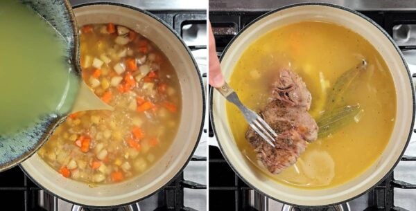 adding broth and seared lamb