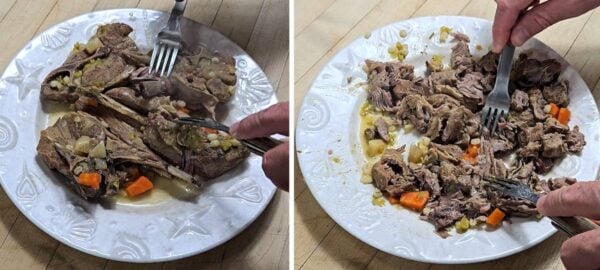 shredding the cooked lamb