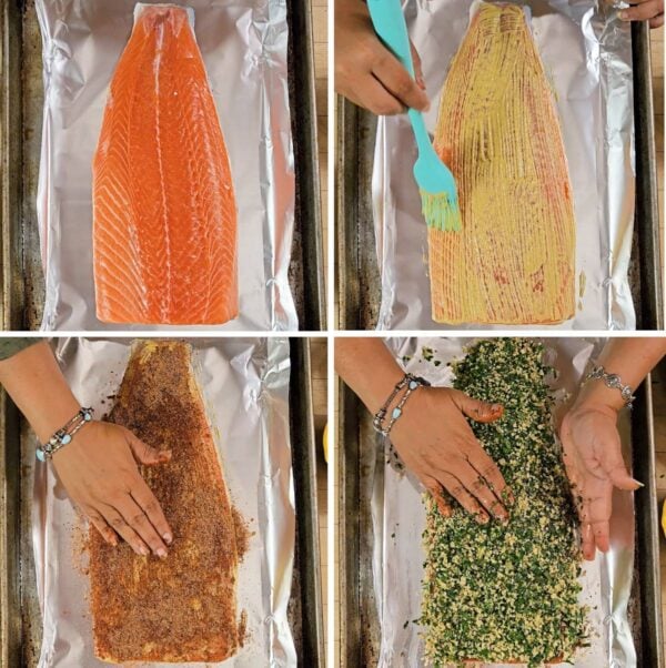 putting the toppings on the salmon