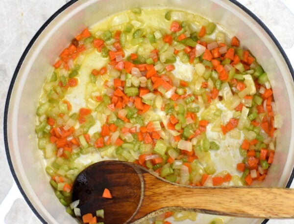 cooking diced onion, carrot and celery