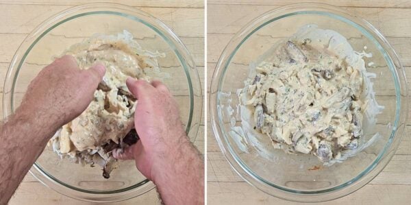 mixing in crab meat by hand