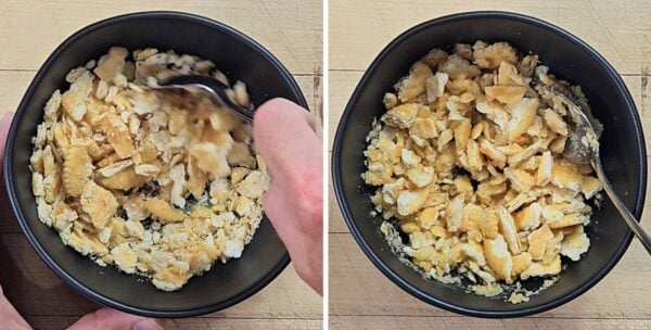 mixing cracker crumbs with melted butter