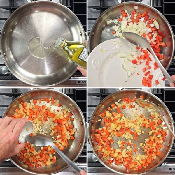 cooking the onion and pepper in a skillet