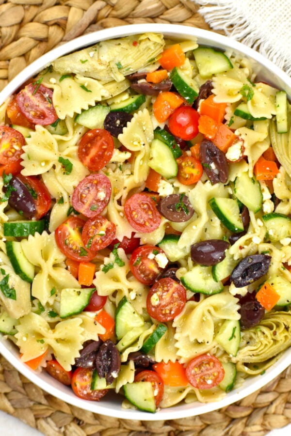bowl of greek pasta salad