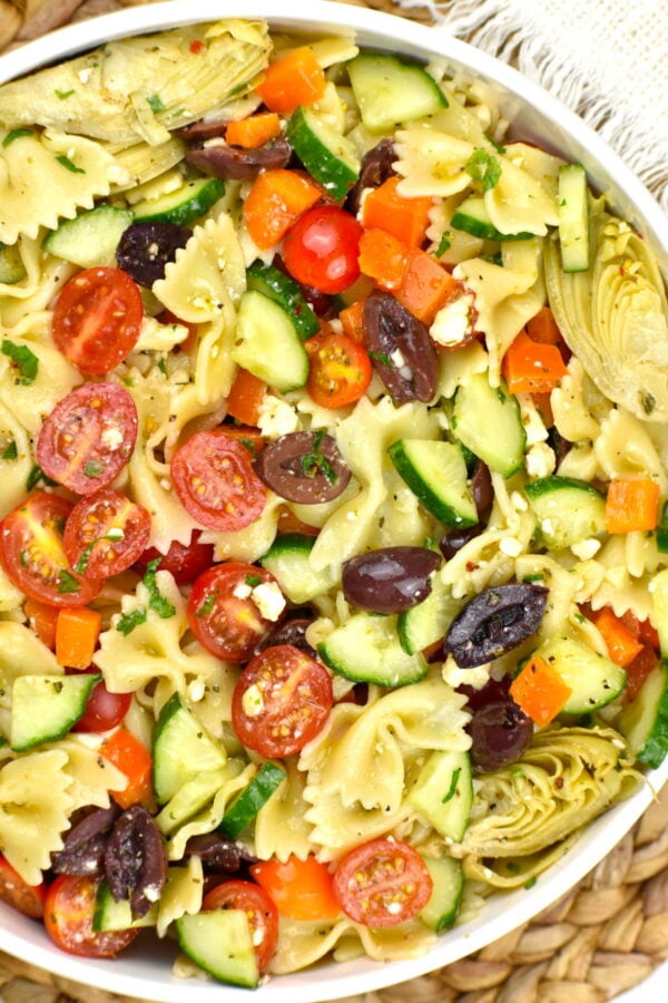 bowl of greek pasta salad
