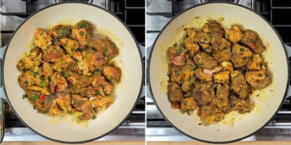 goat meat added to the pot