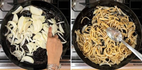 cooking the sliced onions