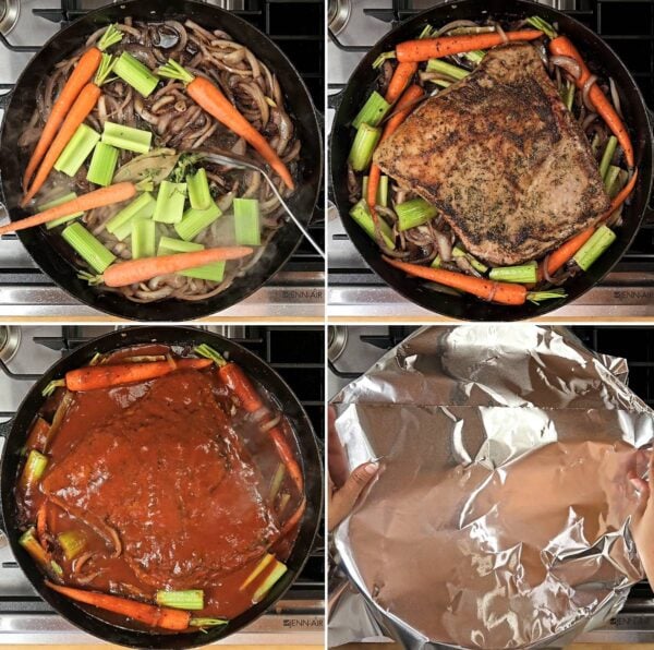 adding vegetables, brisket and sauce