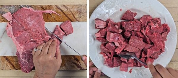 cutting and seasoning the beef.