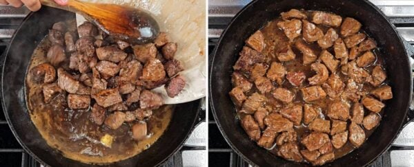 stirring the beef into the sauce.