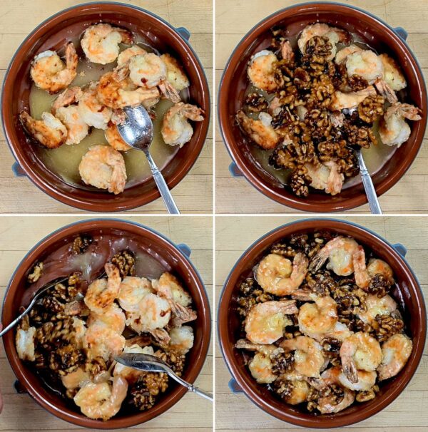 mixing the shrimp and walnuts into the sauce