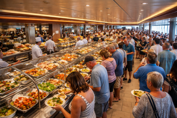 people lined up at a buffet