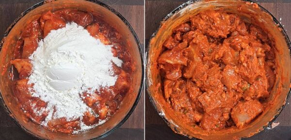 mixing rice flour and corn starch with the marinated chicken.