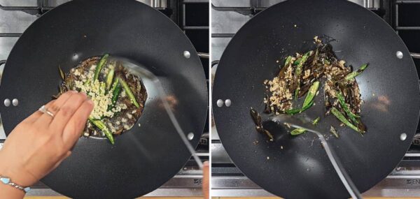 tempering jeera, curry leaves, garlic and chilis