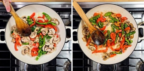 sauteing mushroom and peppers