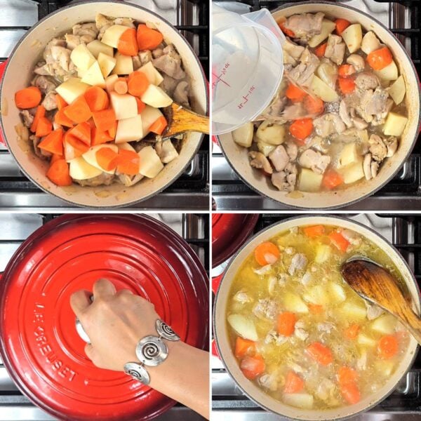 stirring in carrot, potatoes and water