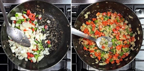 cooking onion, peppers and garlic.