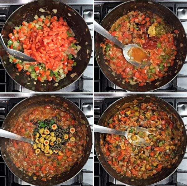 stirring in tomato, condiments, olives and capers.