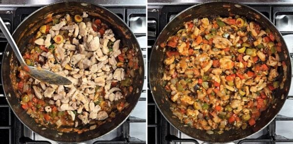 stirring chicken pieces in.