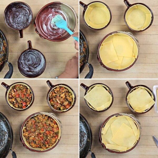 filling ramekins with cheese and filling mixture.
