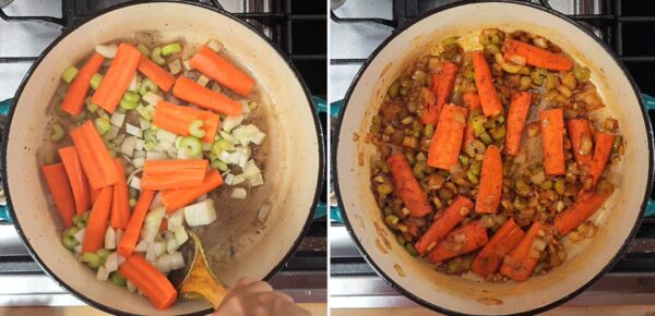 adding the vegetables to the pot