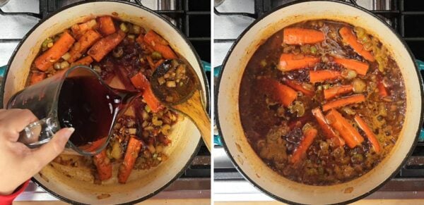 adding and simmering the wine