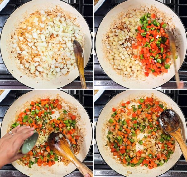 cooking onion, pepper and garlic