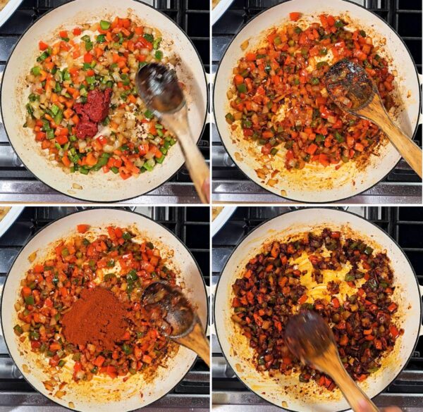 adding the tomato paste and paprika to the pan