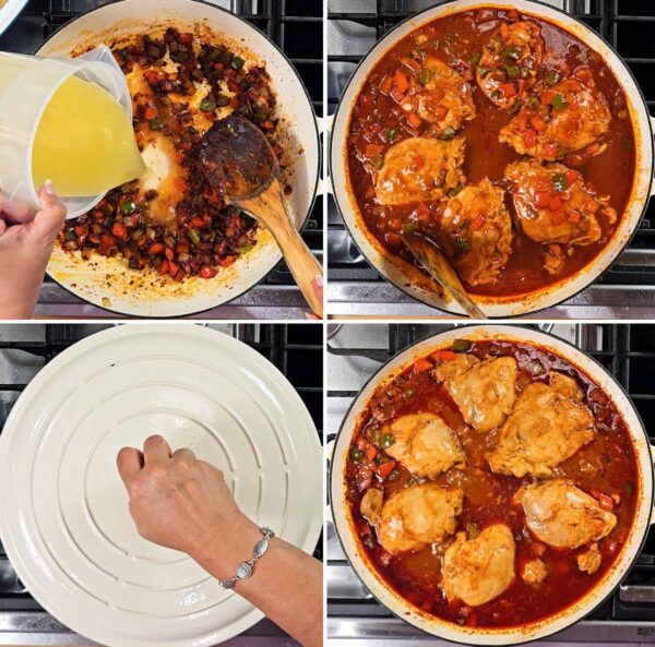 adding broth and chicken