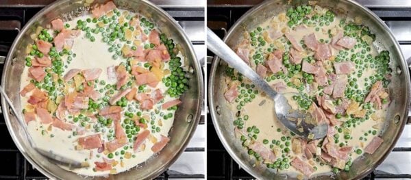 peas and cream added to the pan