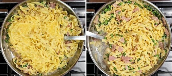 mixing in the pasta and egg mixture