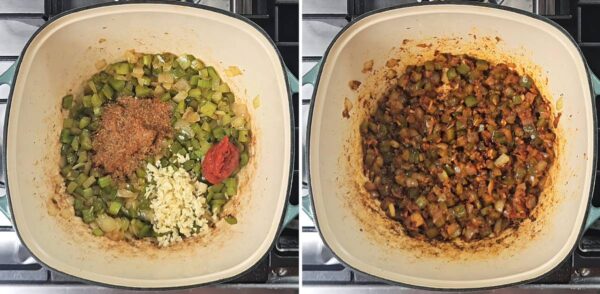 tomato paste, garlic and creole seasoning added to the pot