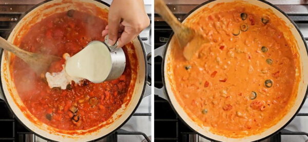 adding cream to the sauce.