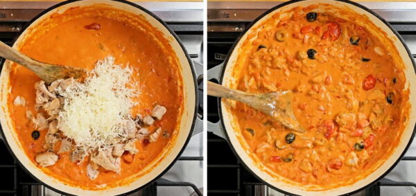 stirring in diced chicken and grated parmesan.