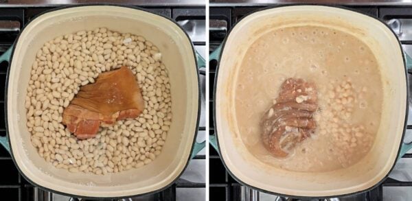 cooking the beans with ham