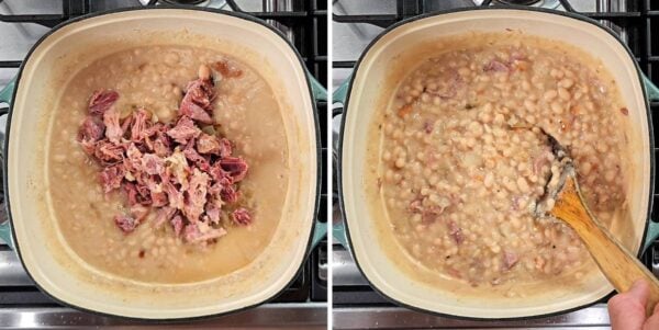 mixing the ham and onion into the beans