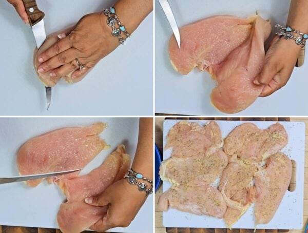 slicing and seasoning the chicken
