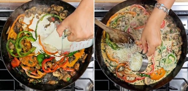 adding cream and parmesan cheese