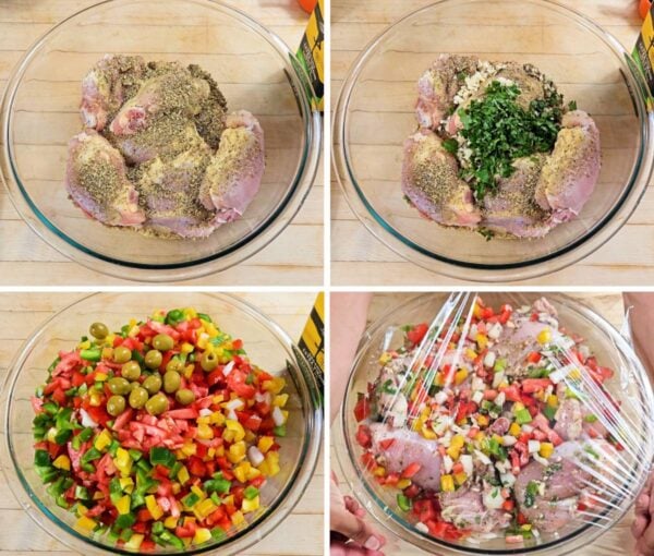 marinating the chicken in a large bowl