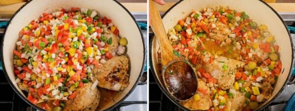 adding the vegetables from the marinade into the pot