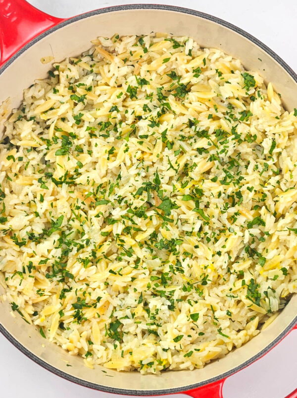 rice and orzo pilaf in a pan