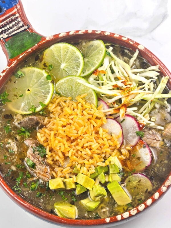 fully loaded bowl of pozole