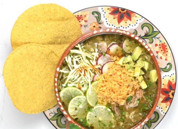 bowl of pozole blanco atop the Gypsy plate