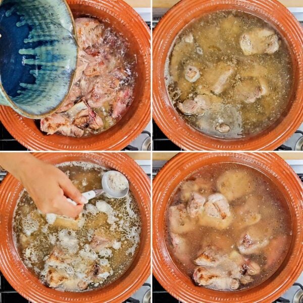 simmering pork in water and skimming off the scum