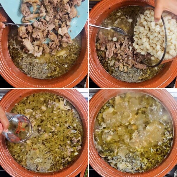 adding the shredded pork and hominy