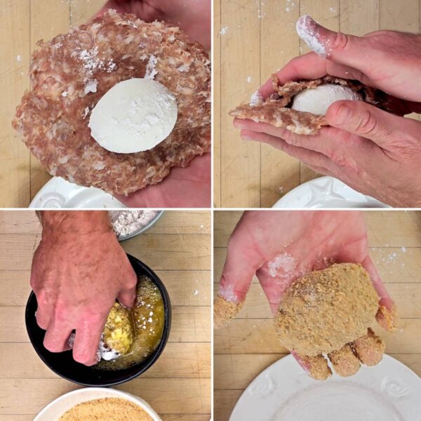 encasing eggs in sausage and dredging them