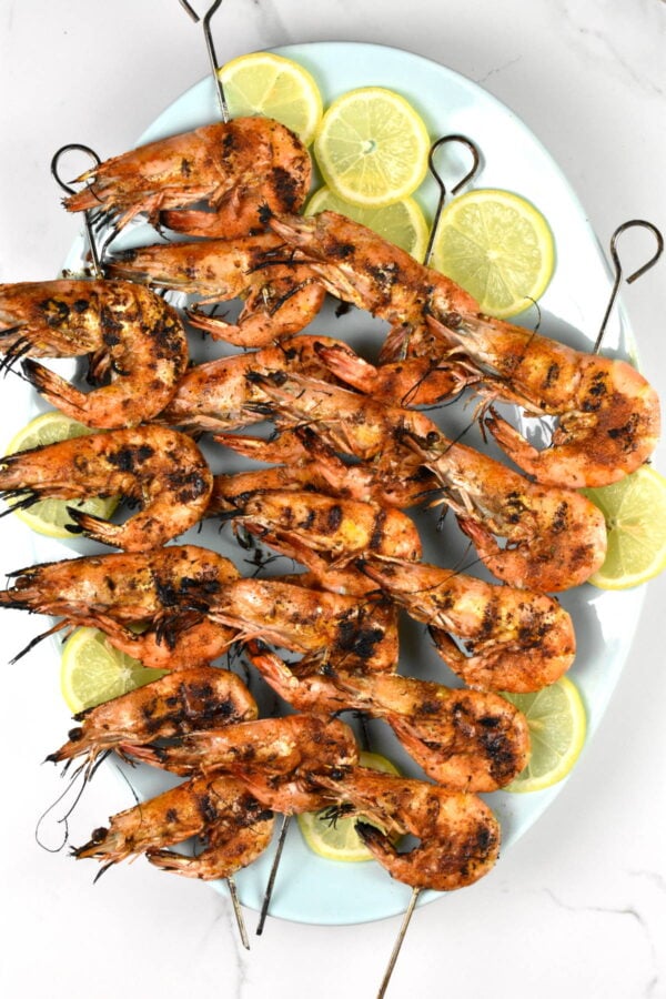 platter of shrimp skewers
