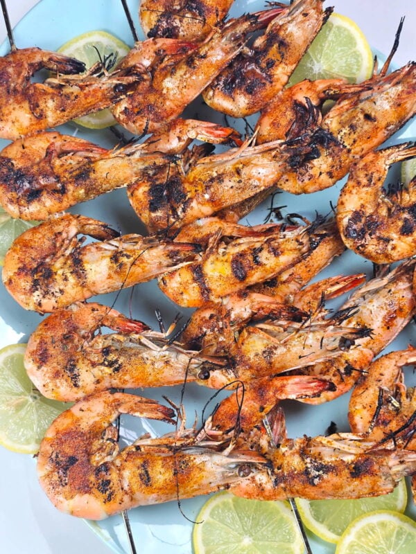 platter of grilled head on shrimp