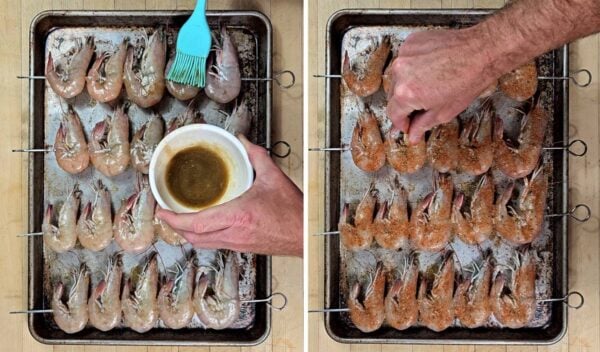 brushing the butter mixture on the shrimp, then sprinkling on creole seasoning